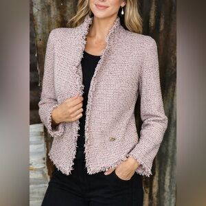Sugar + Lipz Tweed Fringe Jacket- Pink- Open Front